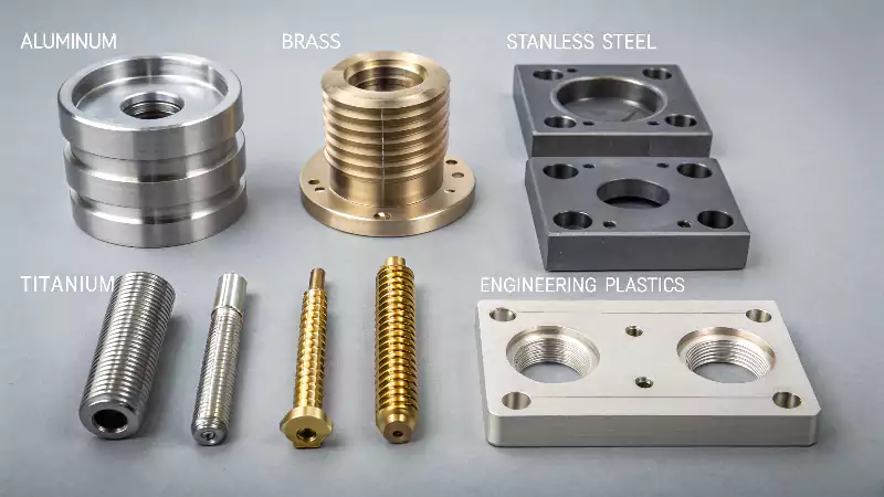 A display of various tapped materials: aluminum block, steel plate, and a piece of plastic