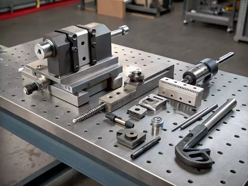 An assortment of different workholding devices: vise, clamps, chuck