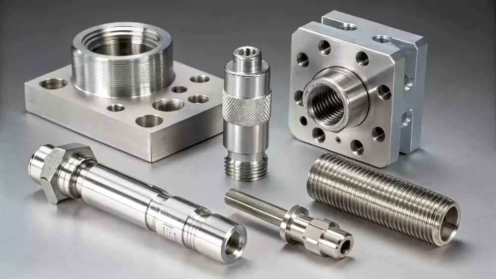 A collage of parts with undercuts: a medical device connector, an automotive transmission part, and a hydraulic valve body