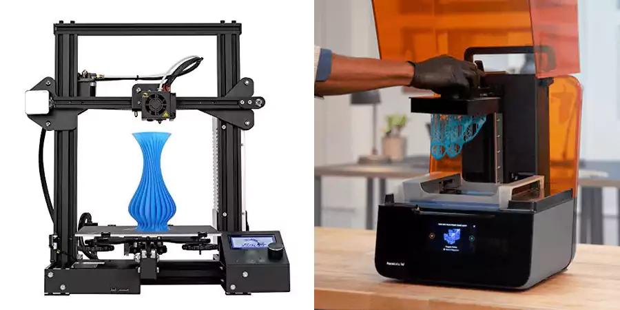 An affordable desktop FDM 3D printer next to a large, expensive industrial SLS or SLA 3D printer for comparison