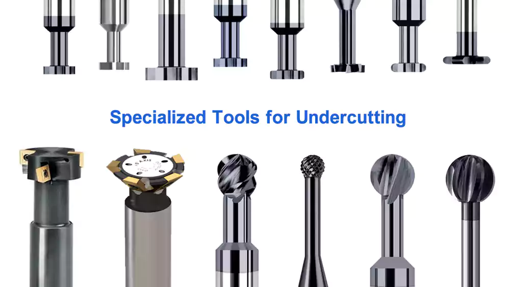 An image displaying a variety of undercutting tools: a T-slot cutter, a dovetail cutter, and a lollipop cutter