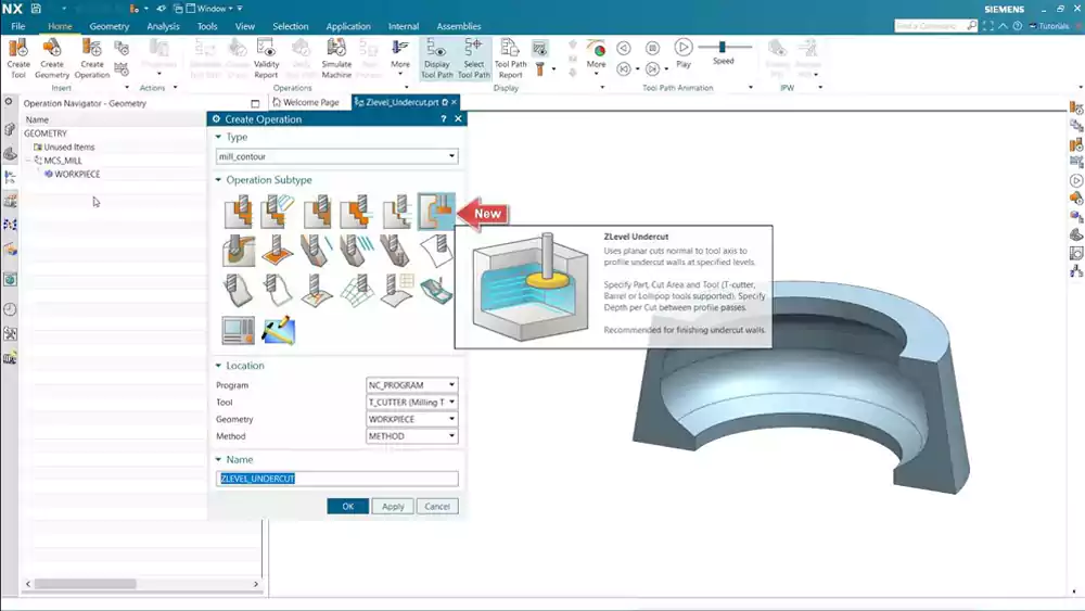 A CAM software screenshot showing a smooth, optimized toolpath for an undercutting operation