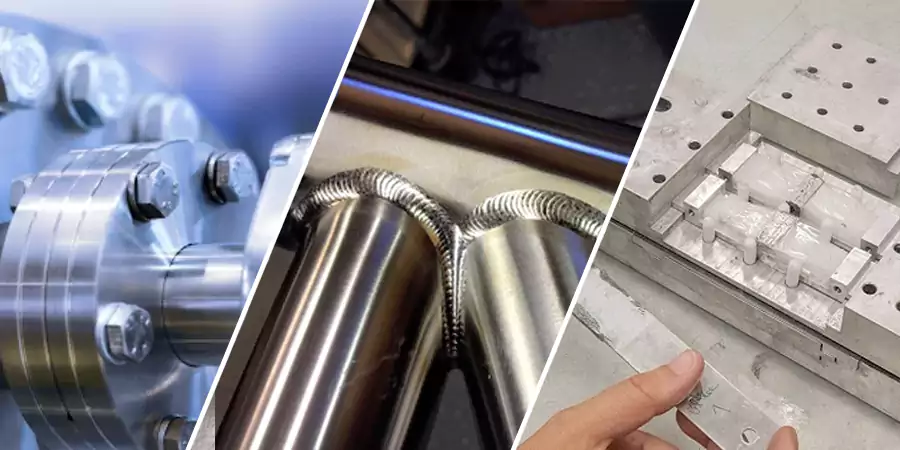 A split image showing a bolted joint, a welded joint, and an adhesive-bonded joint