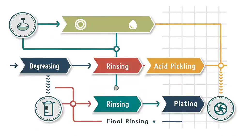 A flowchart showing the chrome plating process: Degreasing -> Rinsing -> Acid Pickling -> Rinsing -> Plating -> Final Rinsing