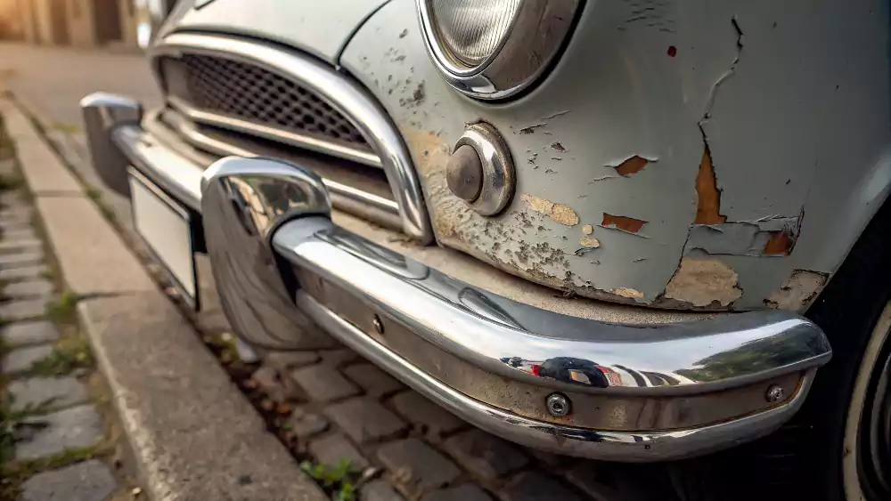 A close-up of a chrome bumper showing pitting, blistering, and peeling, indicating plating failure