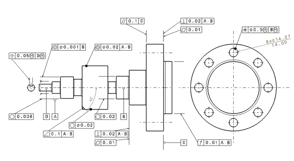 An engineering drawing featuring a complex feature control frame with GD&T symbols