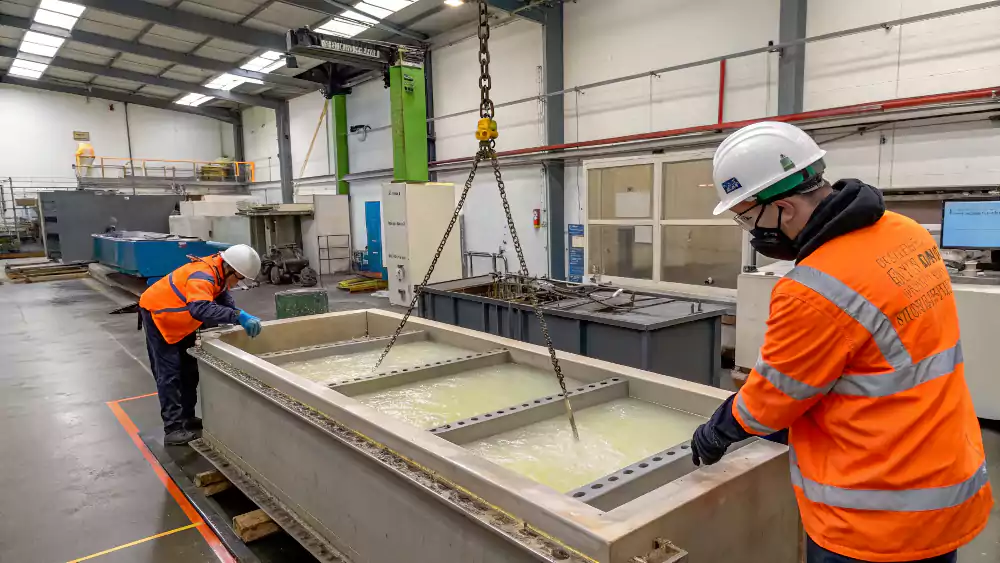 An image showing a part being carefully lowered into a chemical stripping tank in a professional plating shop