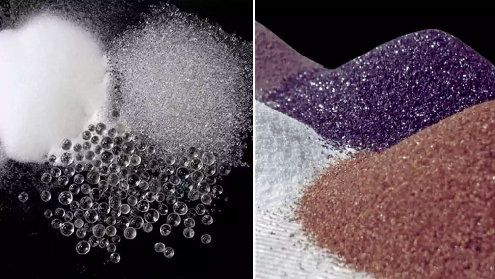 An image showing close-ups of different blasting media: clear glass beads, white ceramic beads, and dark steel shot