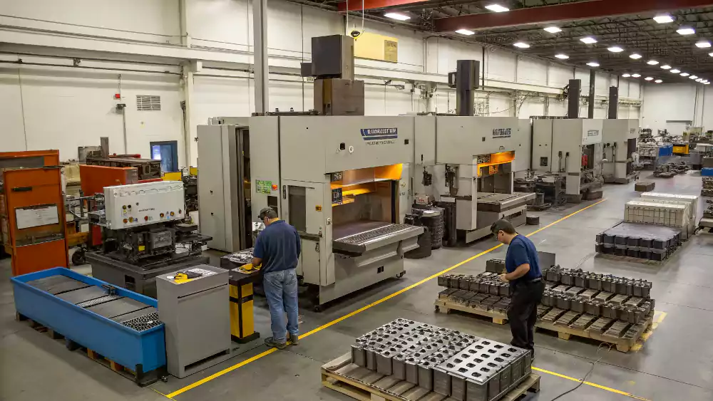 The Allied Metal workshop showing both a tool and die design station and a production stamping press