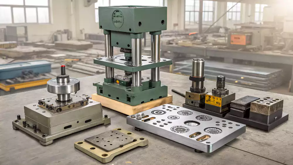 An image of a large stamping press with a complex die set installed inside it