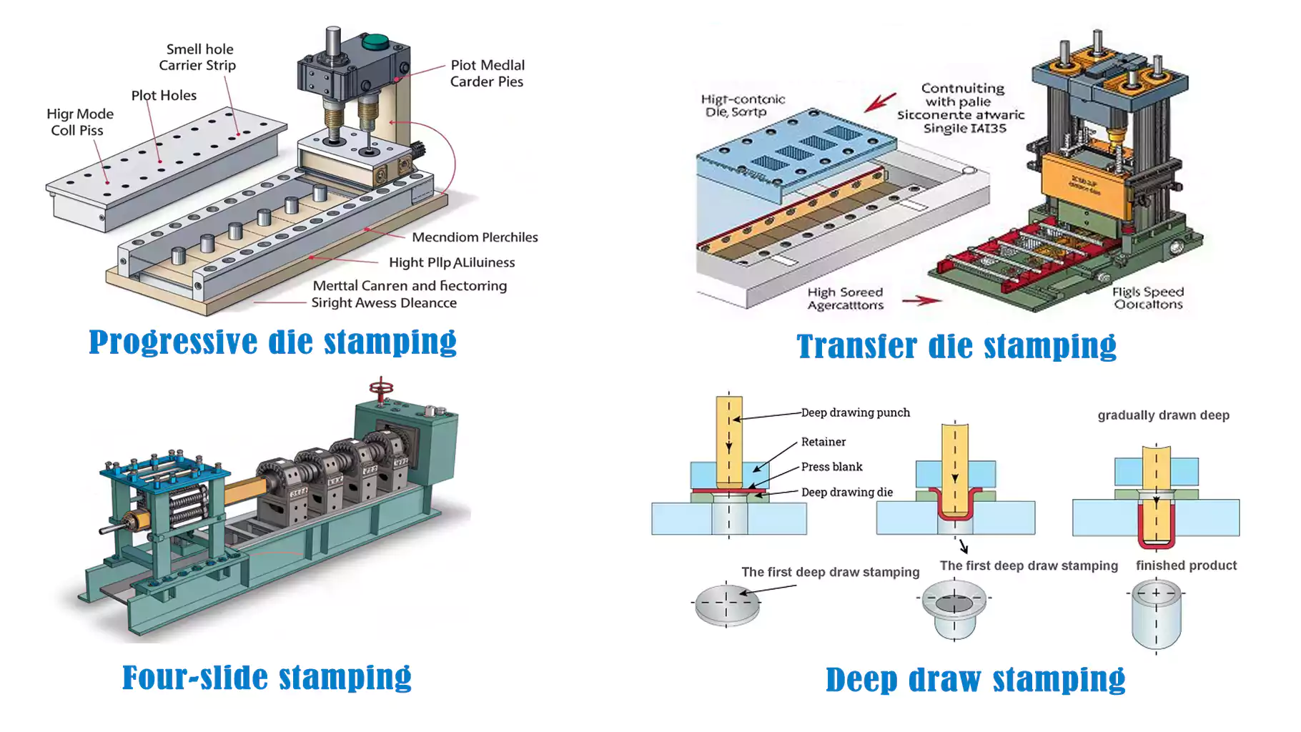 A diagram comparing the workflows of progressive, transfer, and four-slide stamping