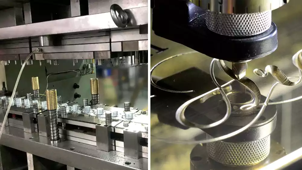 A split image showing a large press stamping a part on one side, and a fine engraving tool creating a logo on the other