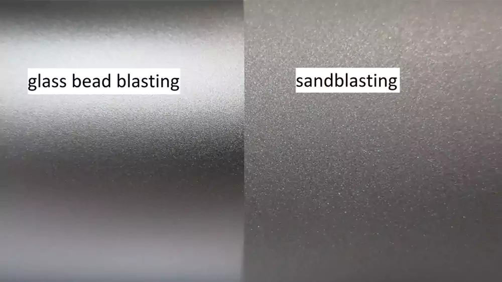 A side-by-side comparison of a smooth surface from bead blasting and a rough, etched surface from sandblasting