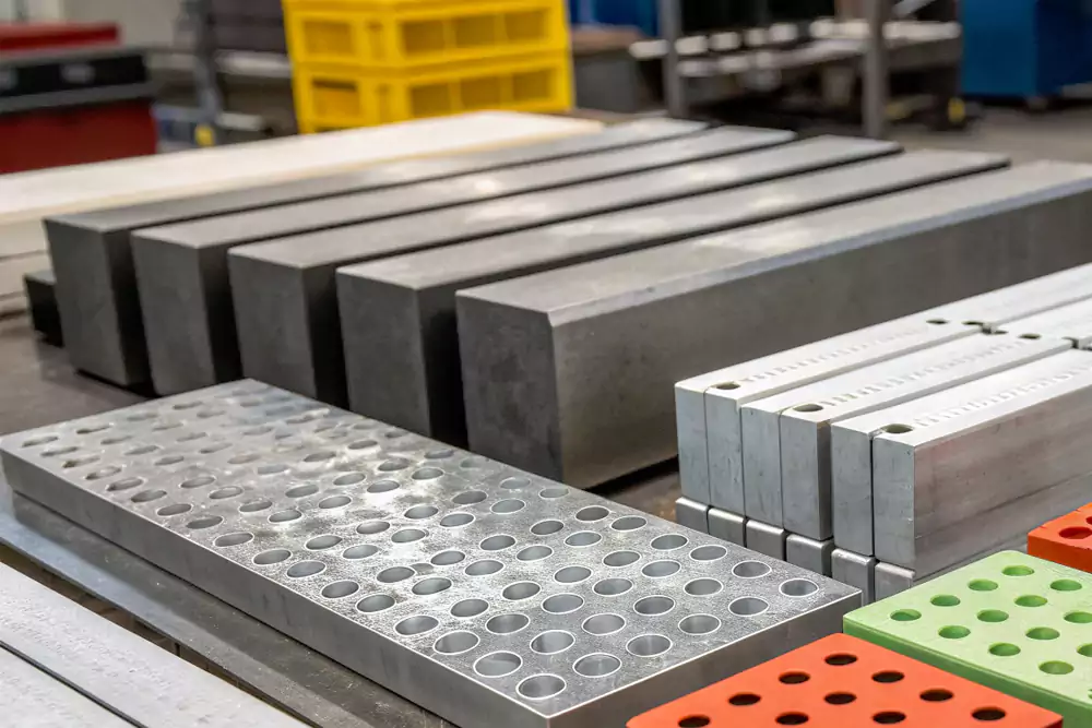 An assortment of raw material blocks ready for CNC milling, including aluminum, steel, and plastic