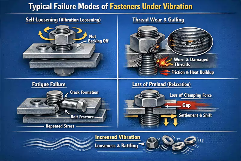 Typical failure of standard fasteners under vibration