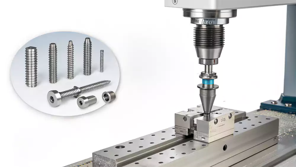 CNC machine cutting a custom titanium bolt