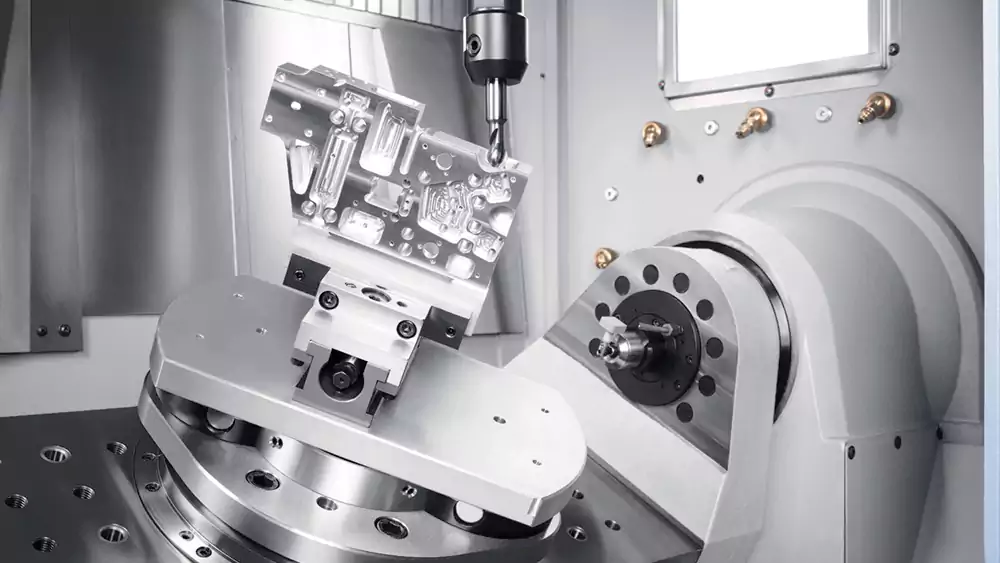 5-axis CNC machining setup with custom workholding fixture