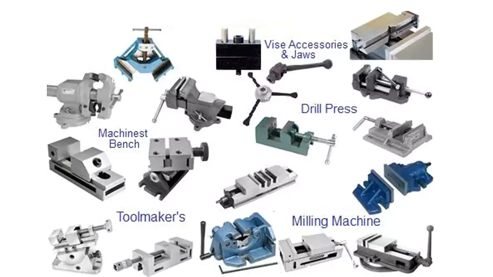 Examples of common CNC workholding devices including vises, chucks, and fixtures