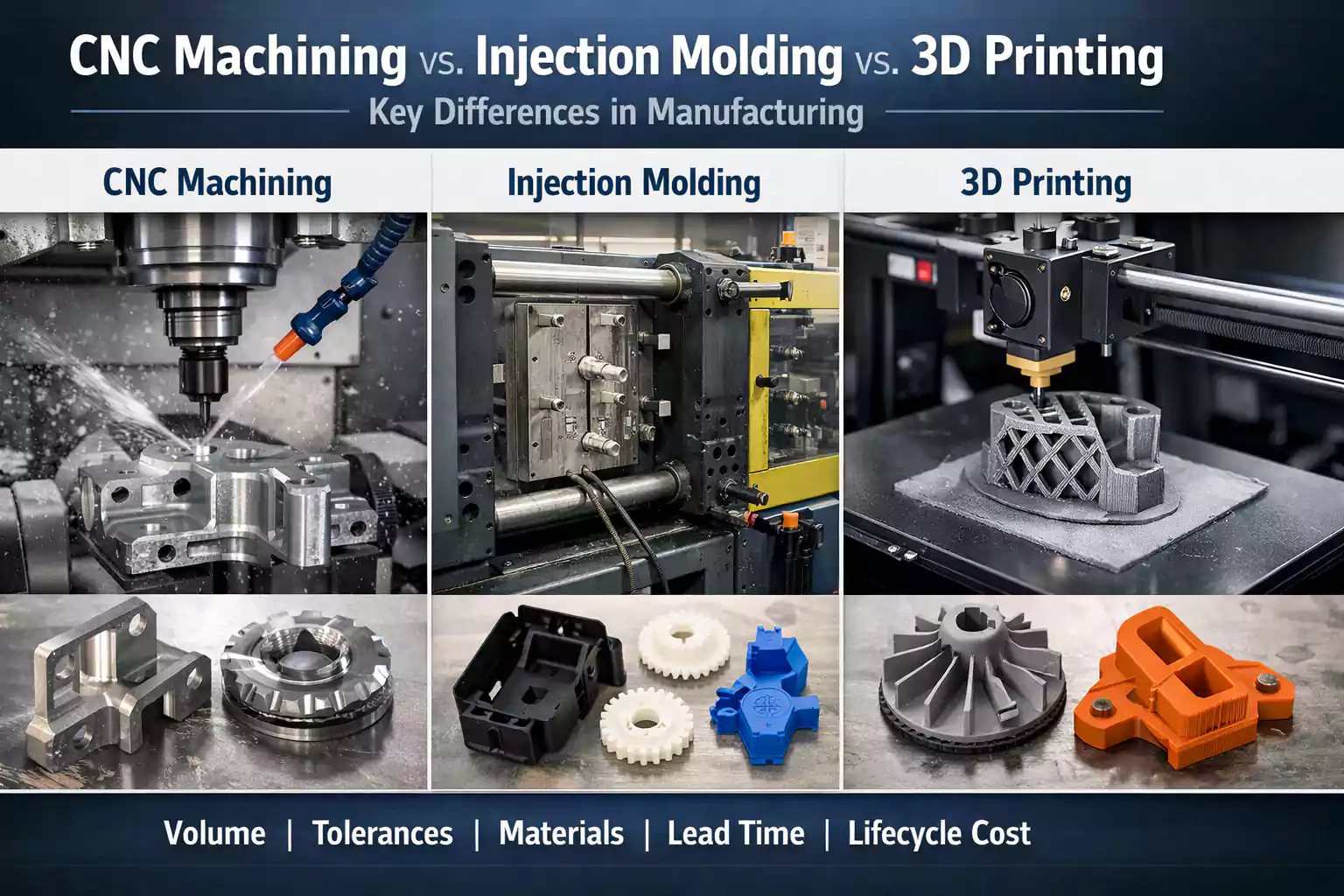 key differences between cnc machining injection molding and 3d printing