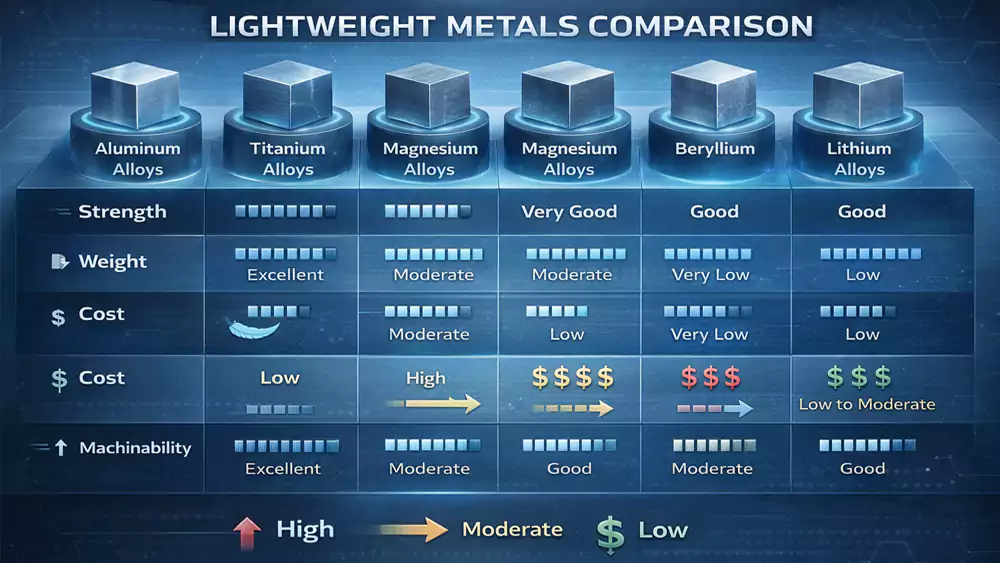 lightweight metals comparison strength weight cost machinability