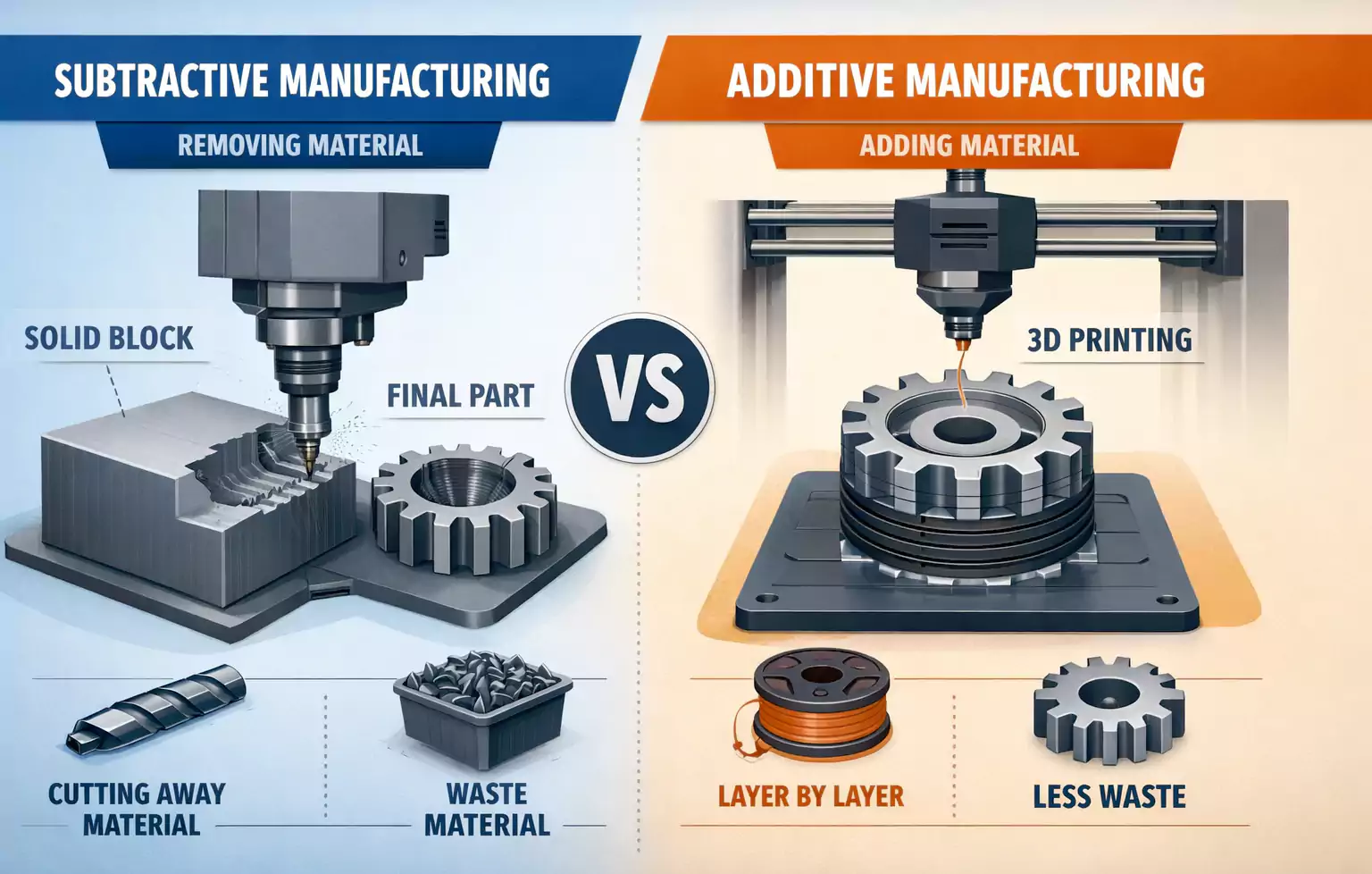subtractive vs additive manufacturing process illustration comparison