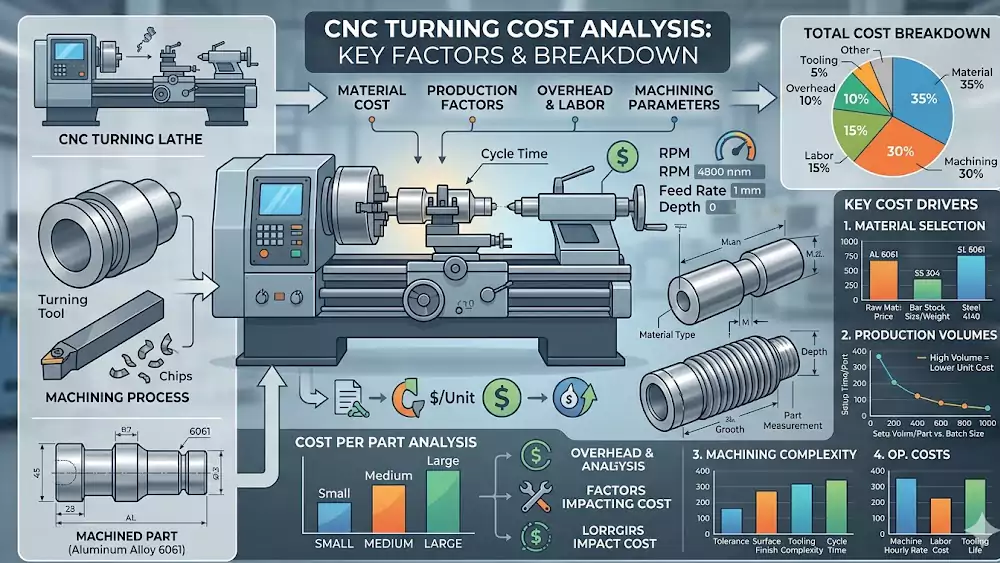 cnc turning cost analysis with machined parts material and production factors