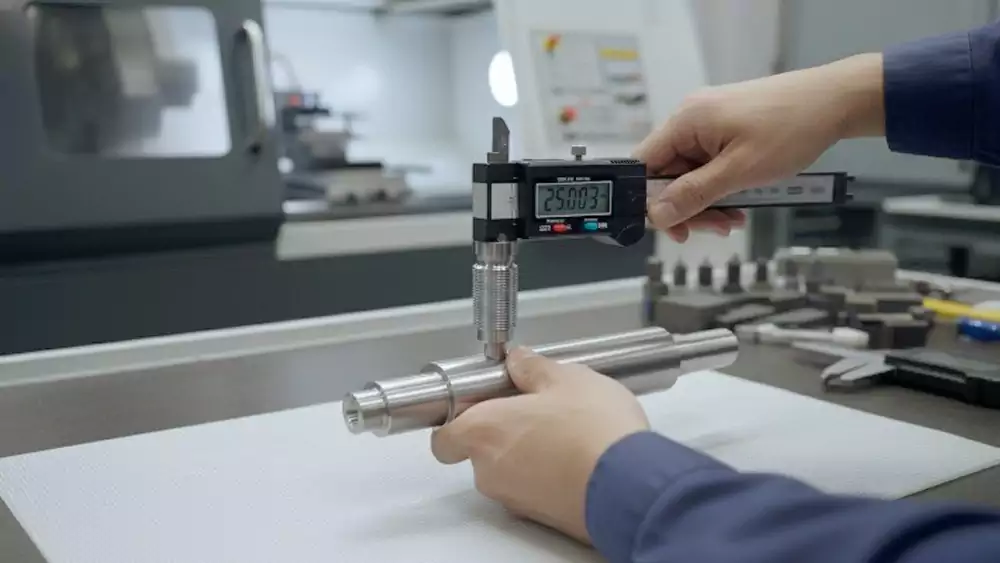 cnc turning tolerance inspection with micrometer and precision shaft measurement