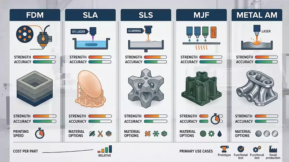 comparison of industrial 3d printing technologies including fdm sla sls mjf and metal additive manufacturing
