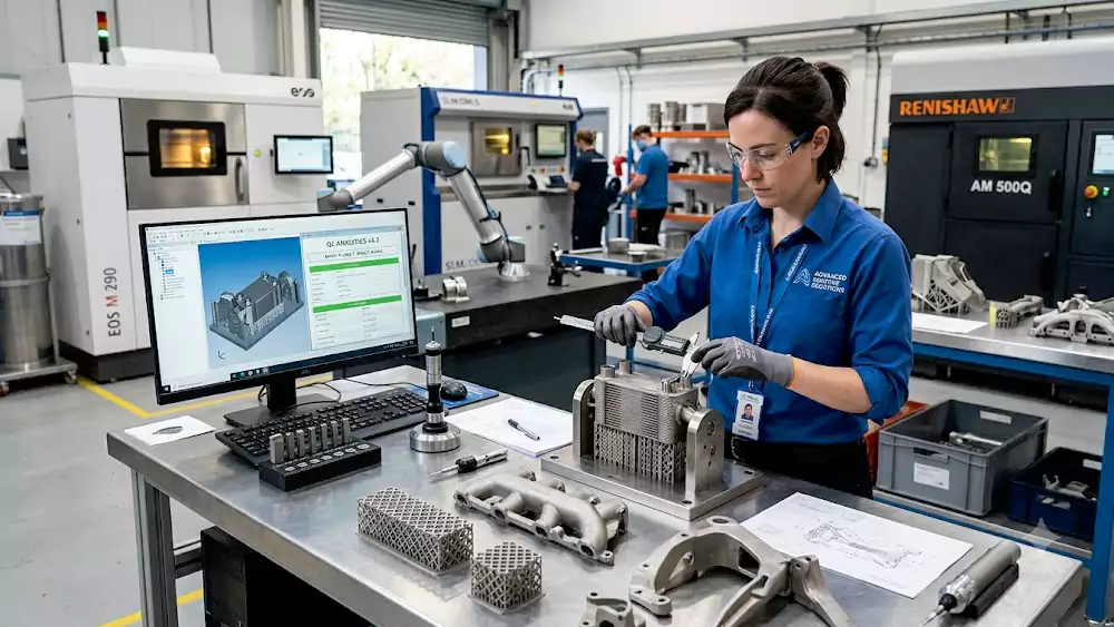 engineer inspecting industrial 3d printed components with manufacturing quality control process