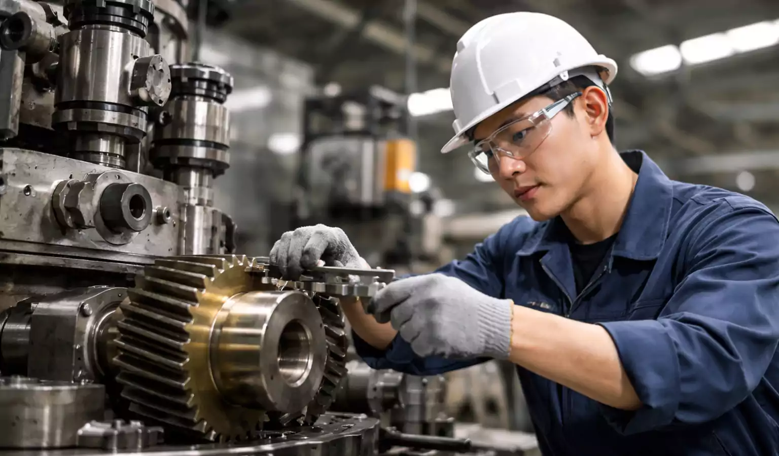 industrial maintenance technician inspecting oem replacement parts for production equipment