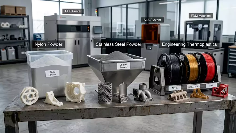 industrial 3d printing materials including nylon resin stainless steel powder and engineering thermoplastics