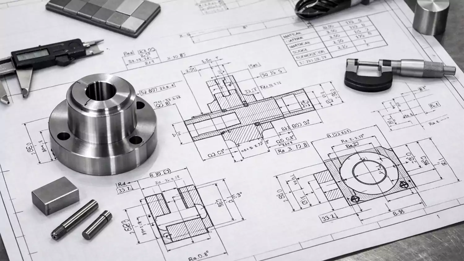 engineering cad drawing with machining tolerances and material specifications