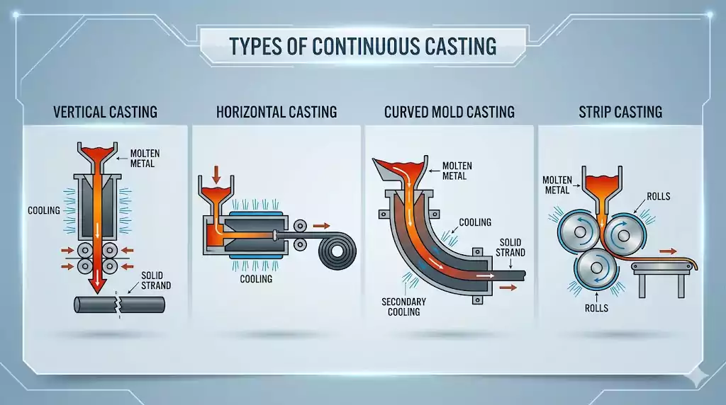 different types of continuous casting methods including vertical and horizontal casting systems