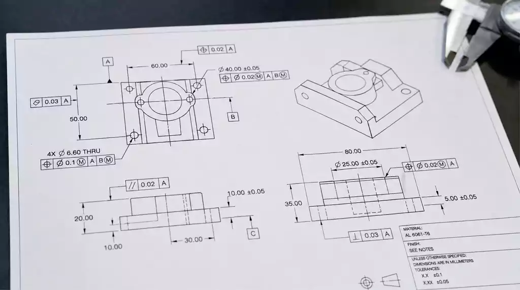 engineering drawing with gd&t tolerance symbols for cnc machining