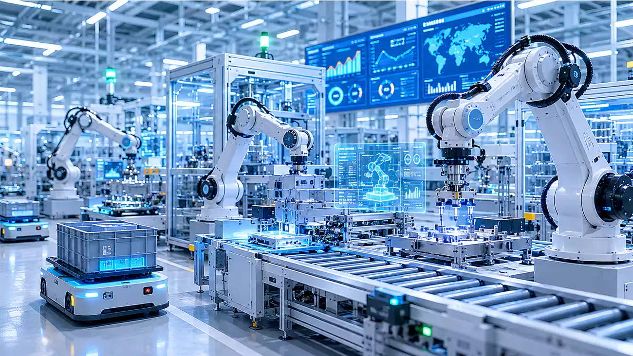 future smart manufacturing factory with robotics and digital production systems