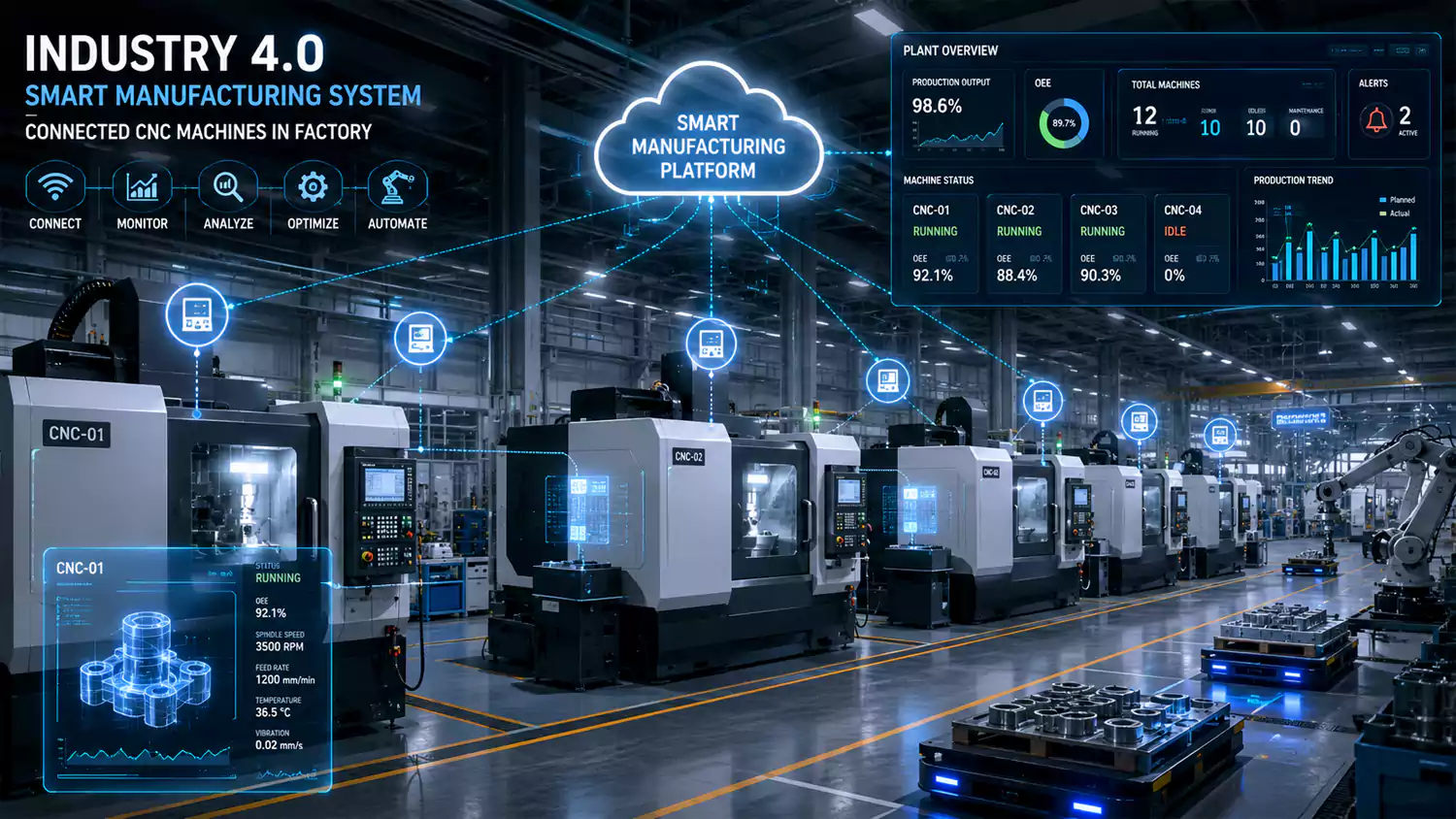 industry 4 0 smart manufacturing system connected cnc machines in factory