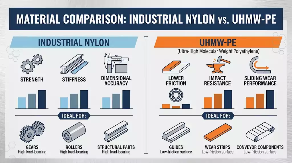 industrial nylon and uhmw properties comparison showing strength wear resistance and friction performance