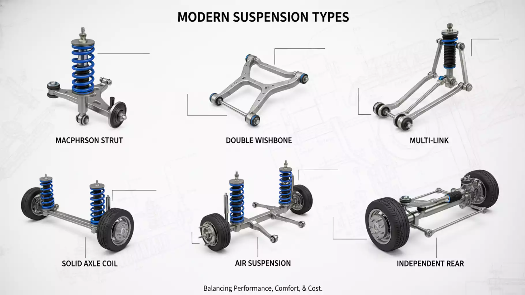 different automotive suspension system types used in modern vehicle platforms
