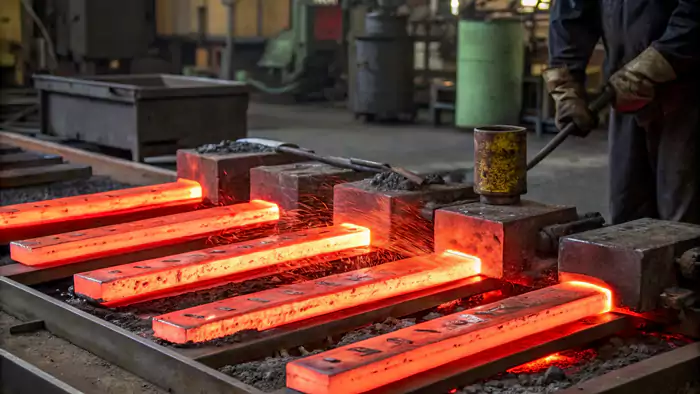 hardening in machining metal parts glowing red hot during a heat treatment