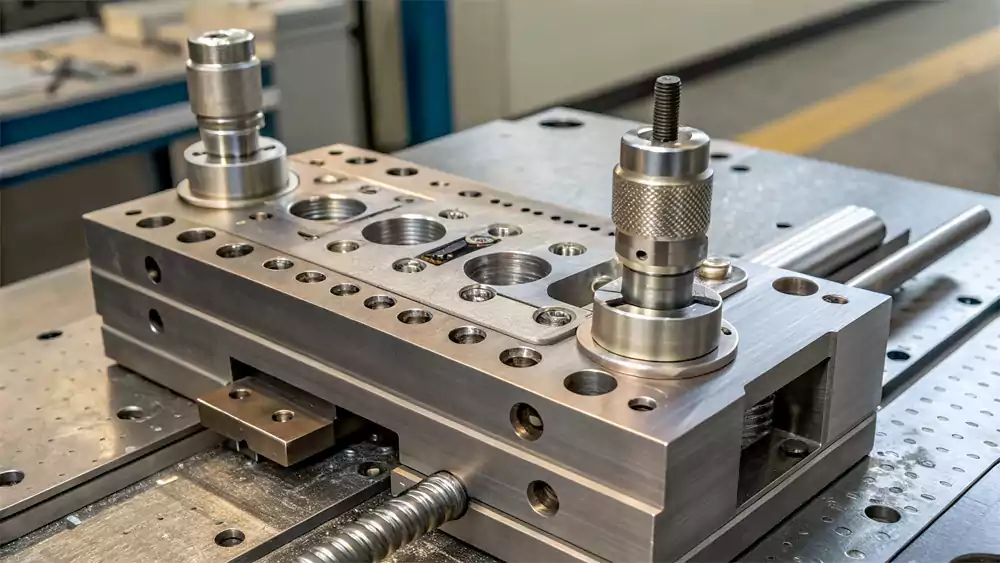 Close-up of a complex injection mold tool